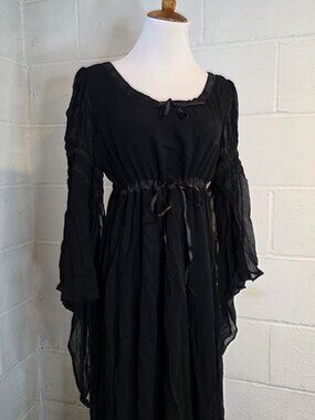 Vintage Goth Western Alt Witchcore Black Flowy Lace Peasant Sleeve Maxi Dress
